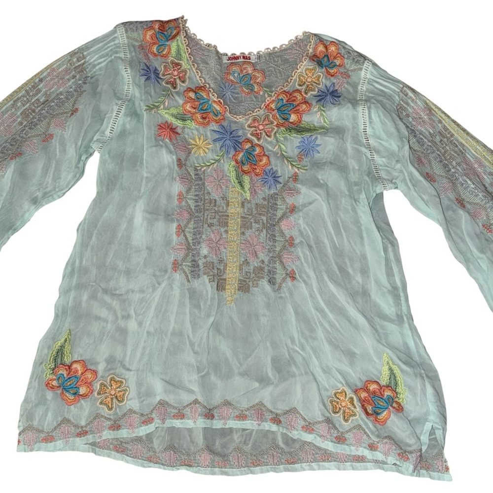 Johnny Was Womens Size Large Riveda Blouse Floral Embroidered Boho Cupra Rayon